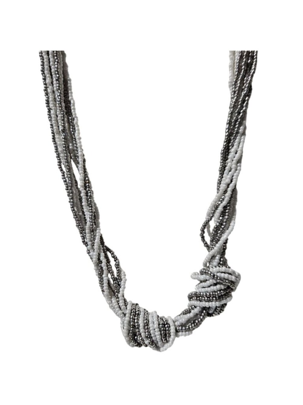 Multi Strand Seed Bead Necklace White Silver Tone Twisted Knotted Boho Statement